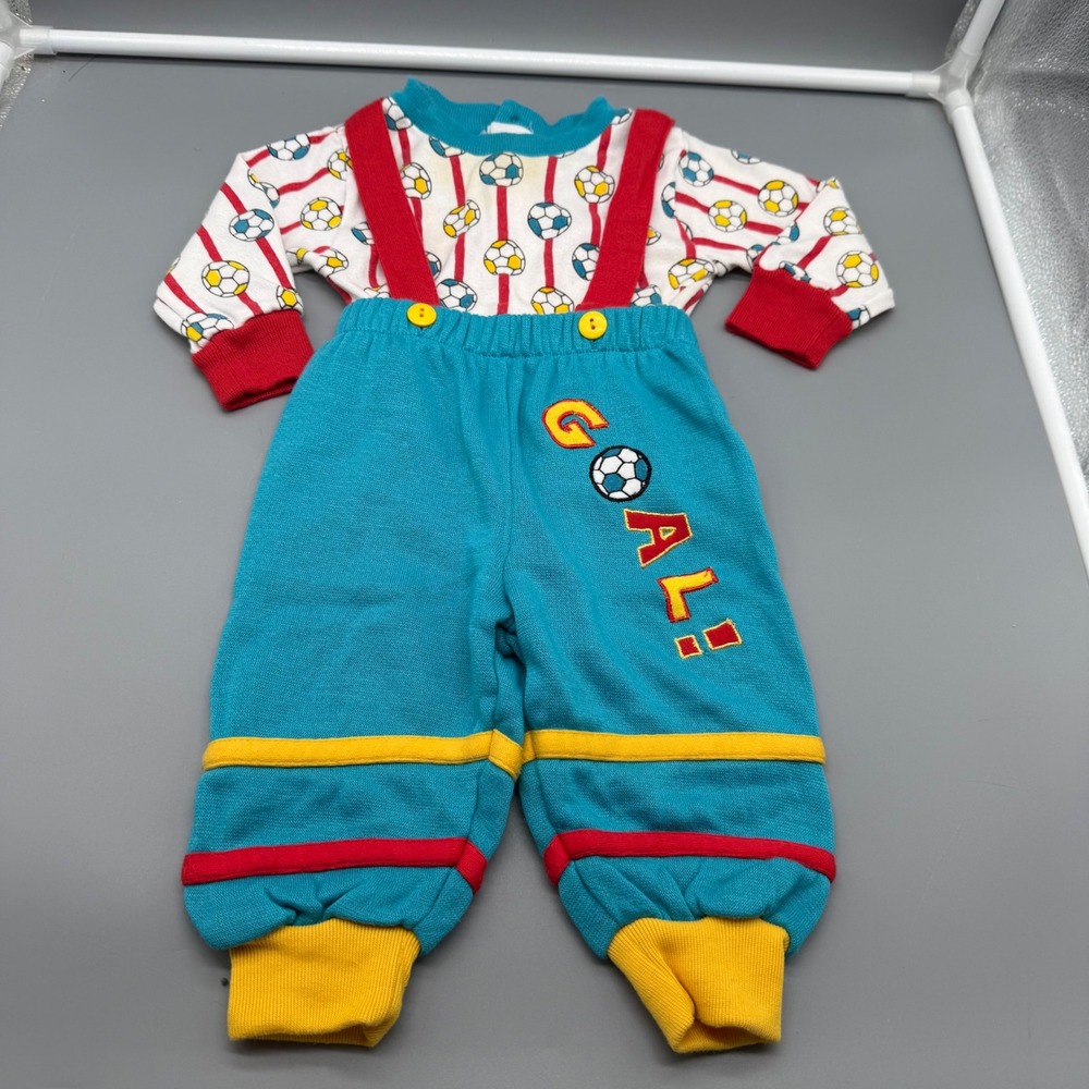 Vintage 80s Lightning Bug Baby Soccer Outfit 6-9M Goal Suspender Pants Shirt